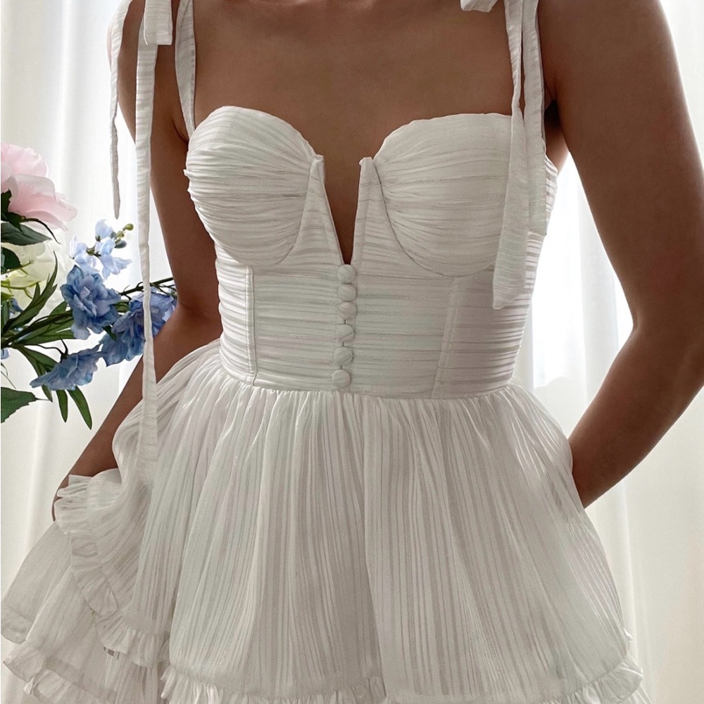 White Tie-Shoulder Bustier Mini Dress